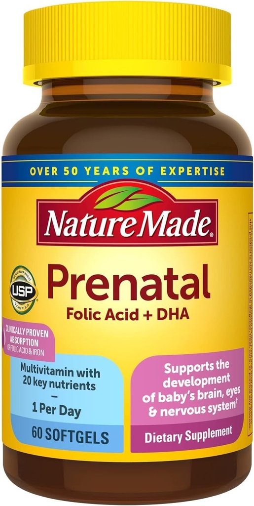 Nature Made Prenatal Vitamin + DHA Softgels with Folic Acid, Iodin and Zinc, 60 Count