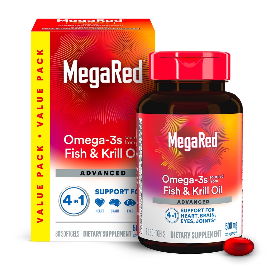 Megared Omega-3 Fish Oil + High Absorpsi Krill Oil 500mg Softgels, MegaRed Advanced 4in1 (80 count in a bottle) Konsentrasikan Omega- 3 Fish & Krill Oil Suplemen