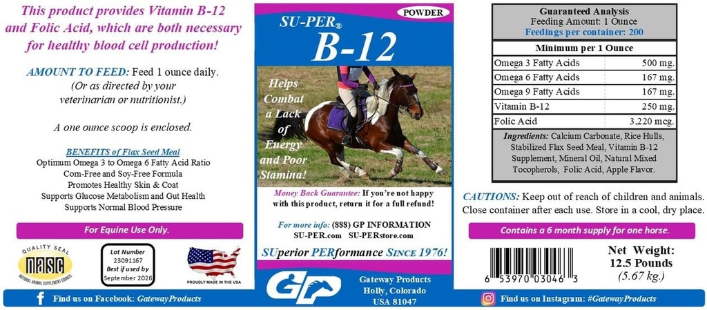 Sul-PER B-12 Tambahan Kuda Energi - Equine Vitamin B-12 & B-9 Kokoh Dukungan Folic - 12,5 Pounds, 6 Bulan Suppply