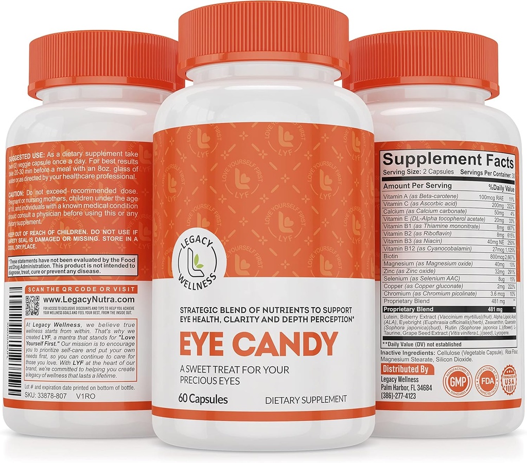 Legacy Wellness Eye Eye Vitamin with Lutein, Dalxanthin, Calcium, Biotin, Copper, Zinc Pills + Supports Vision Health in Aging + Eye Strain From Too Much Screen Time, Dry Eye Suplemen