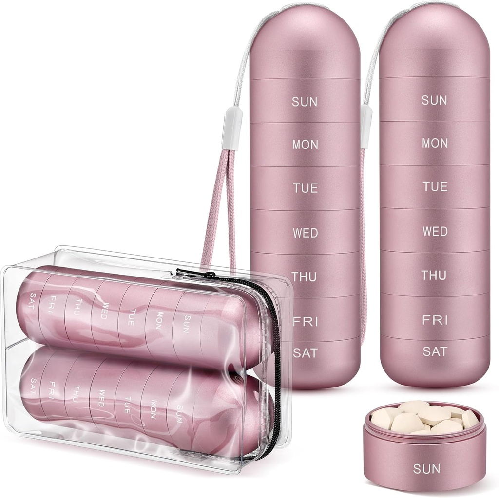 [2 Pack] Zannaki Metal Travel Pill Organizer, Portable Waterproof Weekly Pill Box, Kontainer Kasus Alloy Pill Large, BPA Free 7 Day Medicine Organizer Hoder for Vitamin, Suplemen
