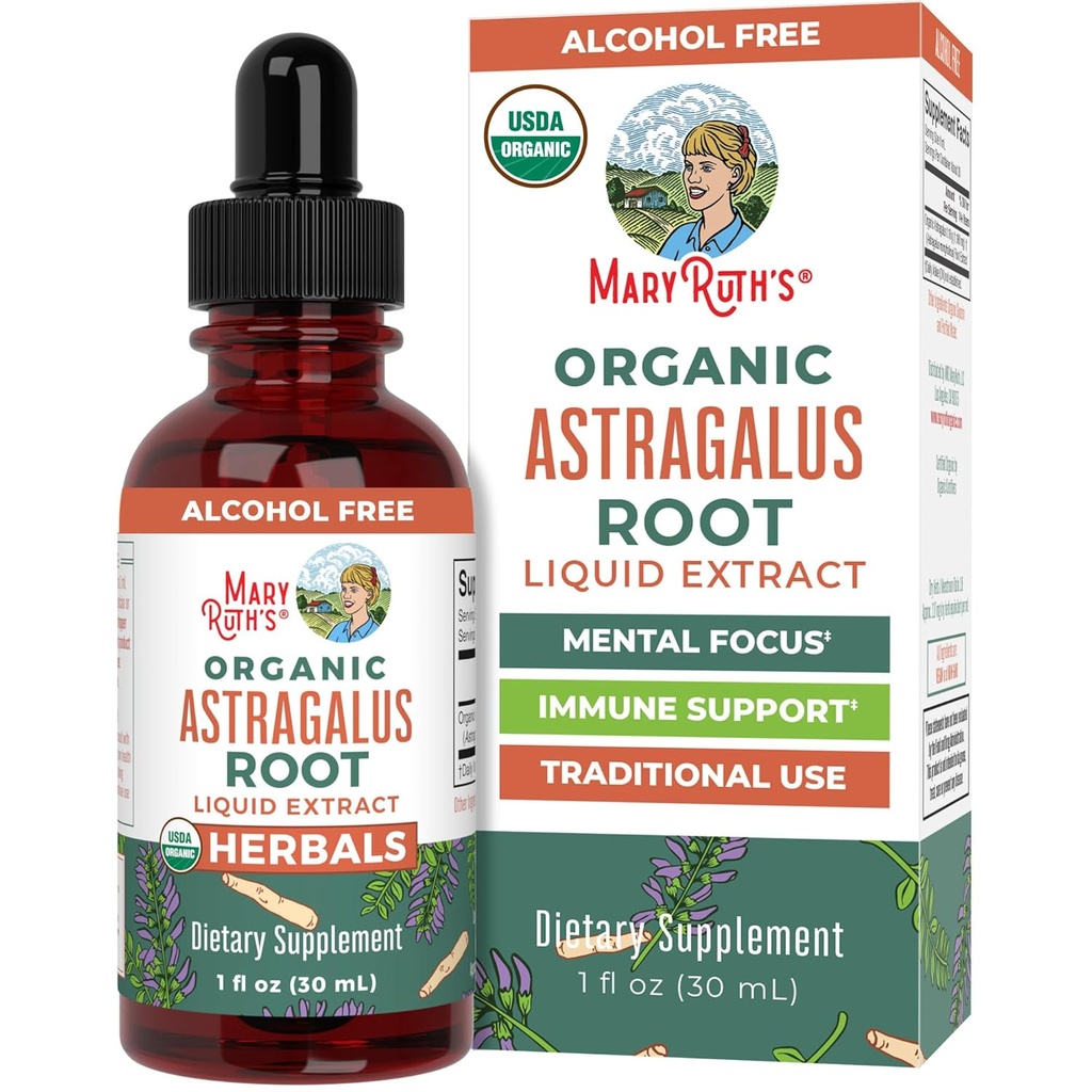 MaryRuth Organics Astragalus Root, Sugar- Free, USDA Organik, Astragalus Ekstrak untuk Dukungan kekebalan dan Fokus, Herbal Liquid Drops, Non- GMO, Vegan, 1 Fl Oz
