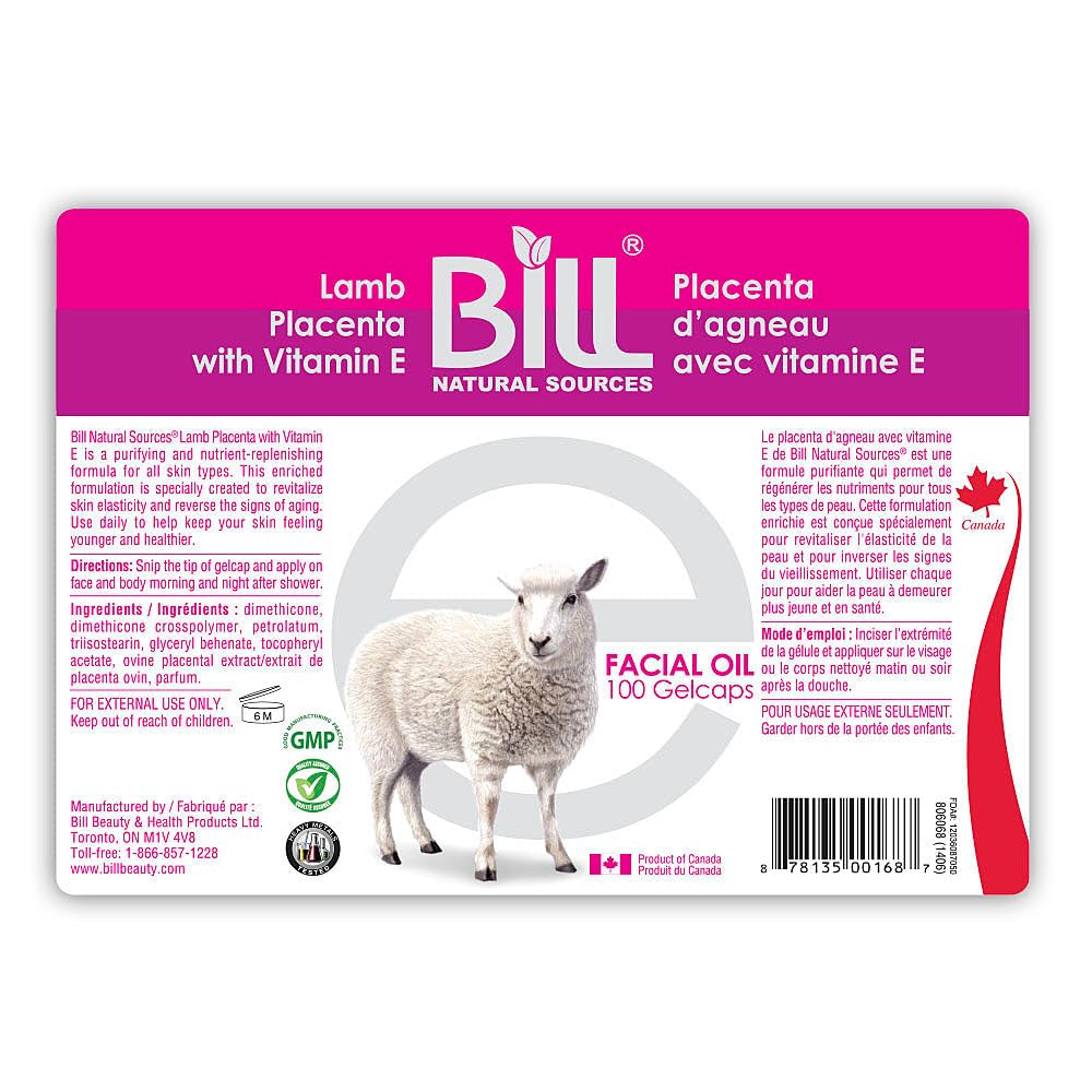 Bill Natural Source Lamb Placenta dengan Vitamin E, 100 Gelcaps - meremates sel kulit membosankan dan merevitalisasi sel kulit elastisitas