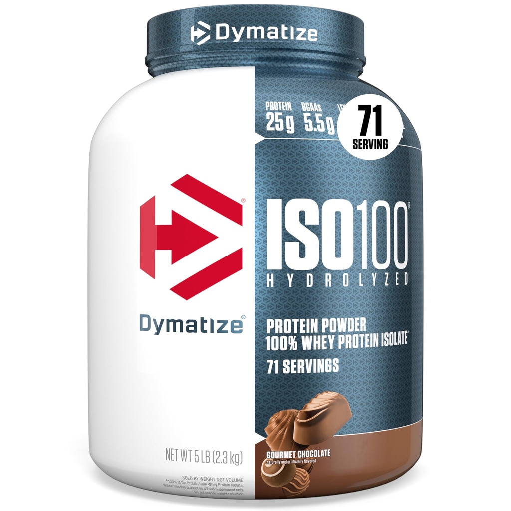 dymatize ISO100 Whee Protein Powder Isolat, Chocolate Gourmet, 25g Protein, 5 Pound, 5.5g BCAAs, Kurang dari 120 Cal., Gluten Free, 1g Fat, 1g Sugar, 2g Carb (71 Servings)