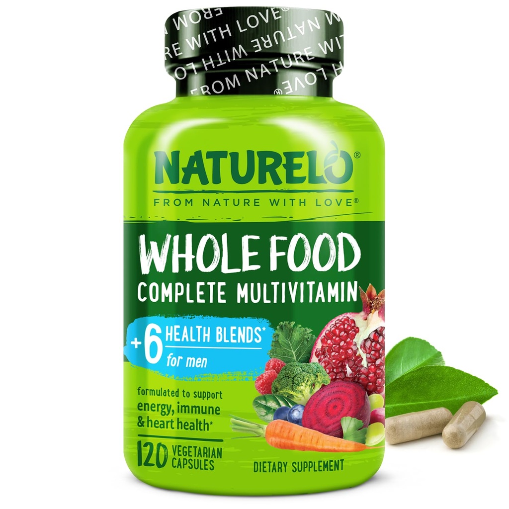 NATURELO Mens Multivitamin - Whole Food Multivitamin for Men with Vitamin, Mineral - 120 Vegetarian Capsules for Energy, Brain, Heart, Eye Health *