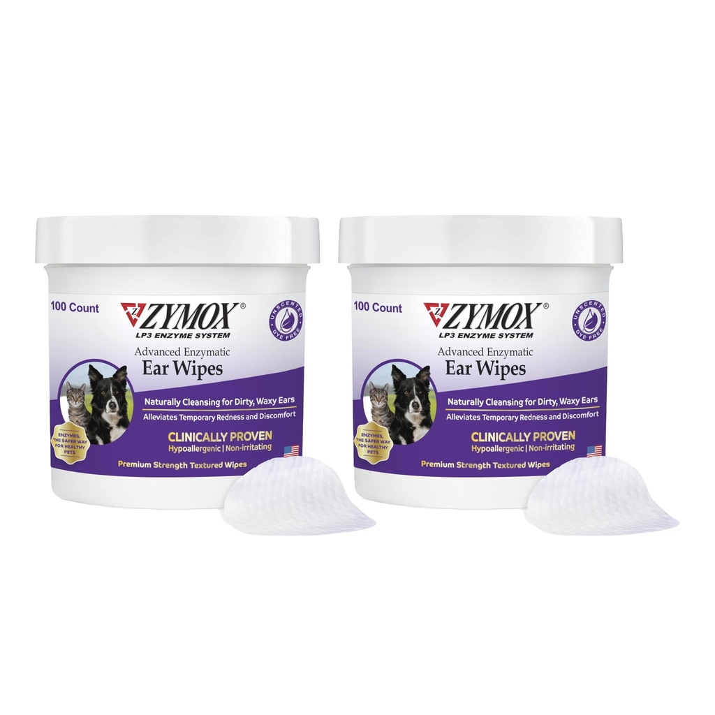 Zymox Advanced Enzymatic Wipes for Dogs and Cats - for Dirty, Waxy, Smelly Ears - Premium Power Ear Cleaner Wipes - Non-Irricting - Hypoallergenic (100 Pack of 2)