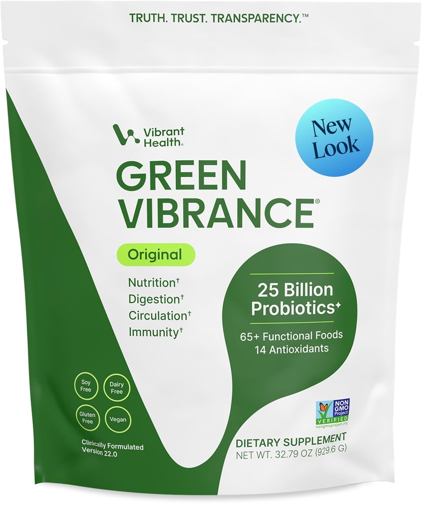Vibrant Health, Green Vibrance, includes 65 Plant-Based Superfood, 25 Mililars Propoles, Fiber, Adaptogens & Enzymes, 83 Servings