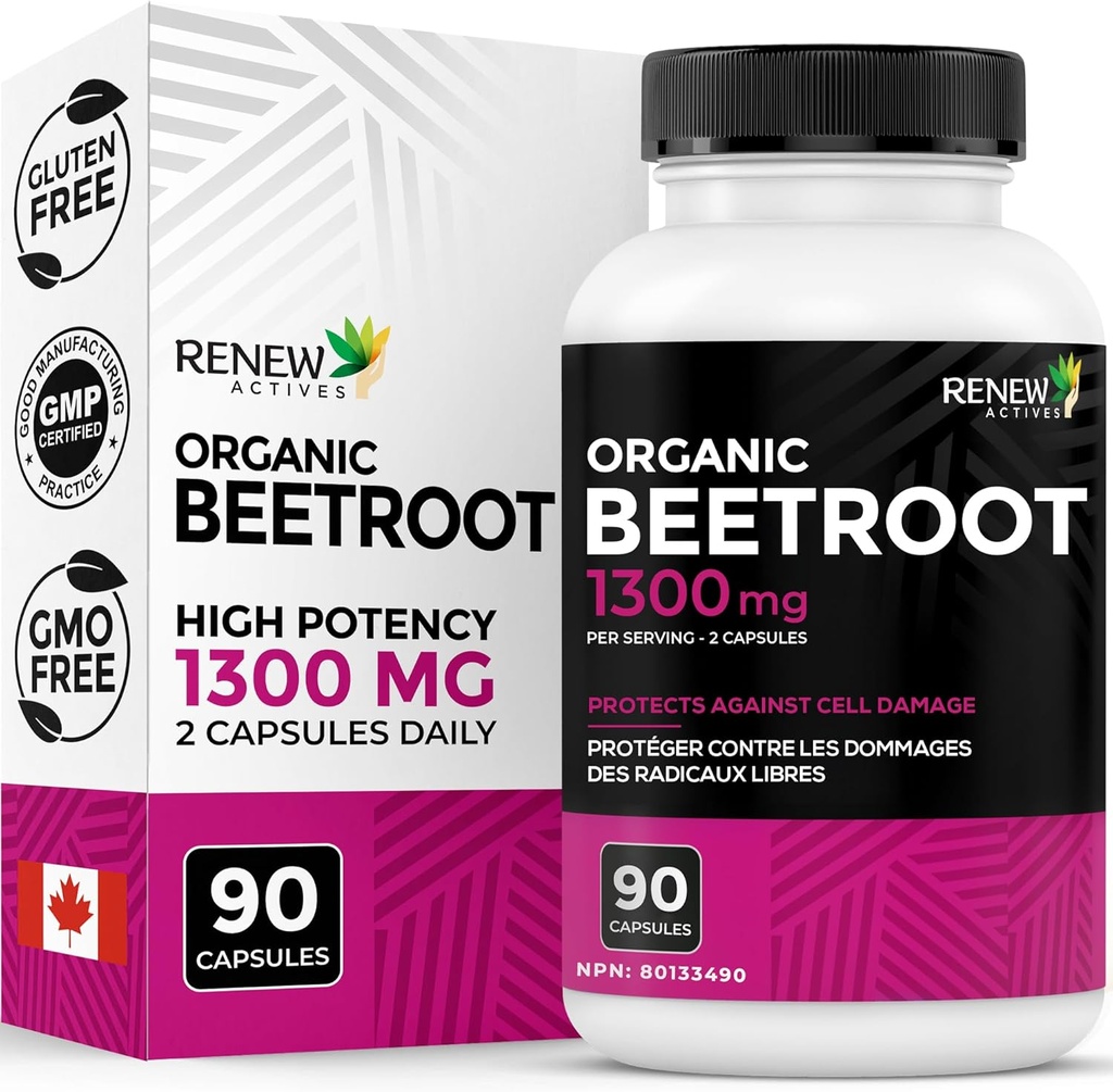 Renew Actives Organic Beetroot Suplemen 1300 MG per 2 Kapsul - Bubuk Beetroot Pure untuk Circulation, Natural Energy, & Antioksidant Benifit- Superfood Tertinggi-Potency, dibuat di Kanada - 90 Capsules