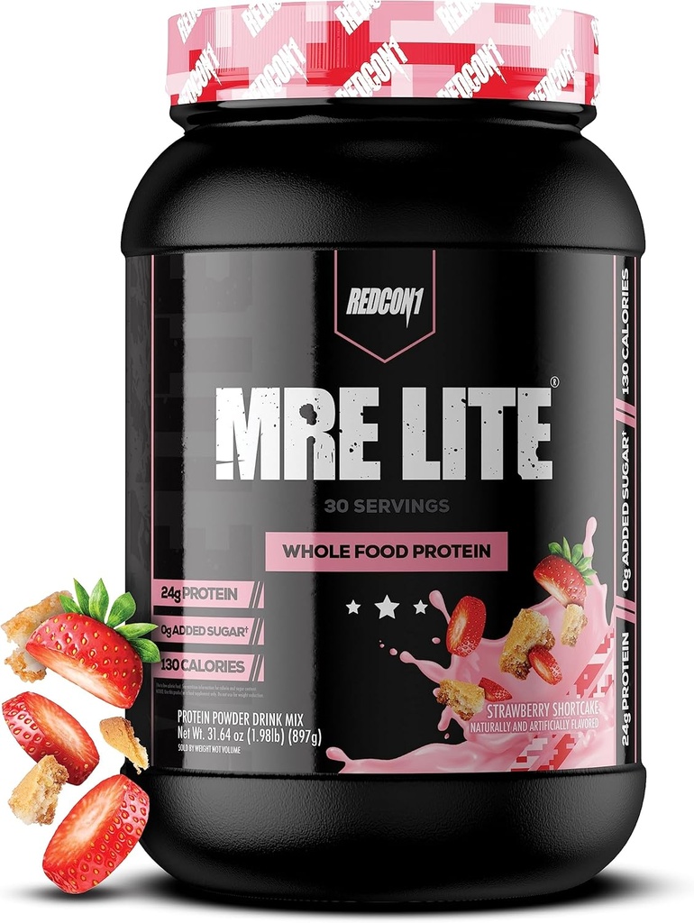 REDCON1 MRE Lite Whole Food Protein Powder, Strawberry Shortcake-Low Carb & Whey Free Meal Replacement with Animal Protein Blends - Easy to Digest Suppplemen Dibuat dengan MCT Oils (30 Servings)