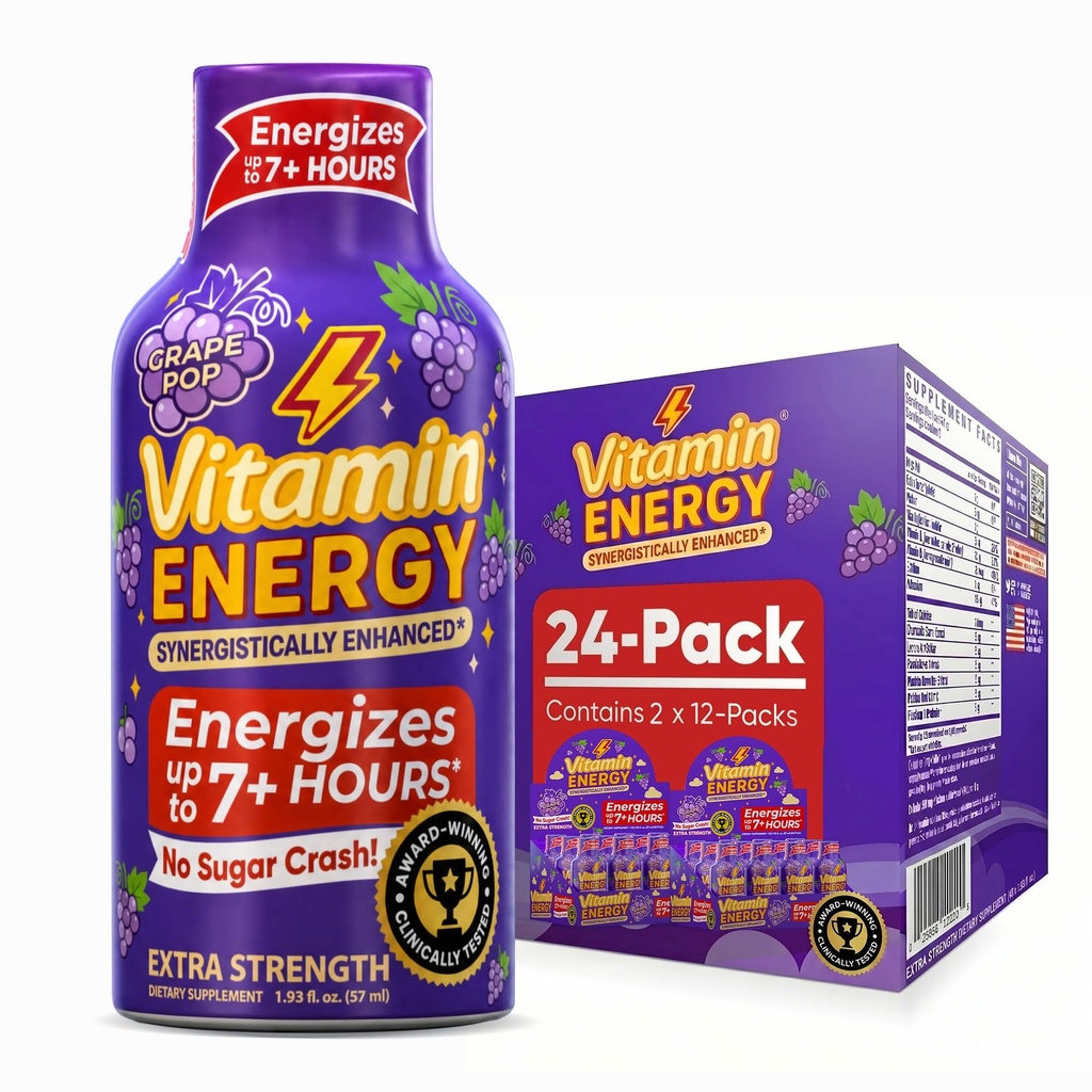 Vitamin Energy Focus + Extra Energy Shot Grape 24 Pack, 260mg Natural Caffeine, B-Vitamin, CoQ10, Amino Acids, Focus, Produtivitas & Kejelasan, Nol Gula, Gluten- Free, 1.93 fl oz