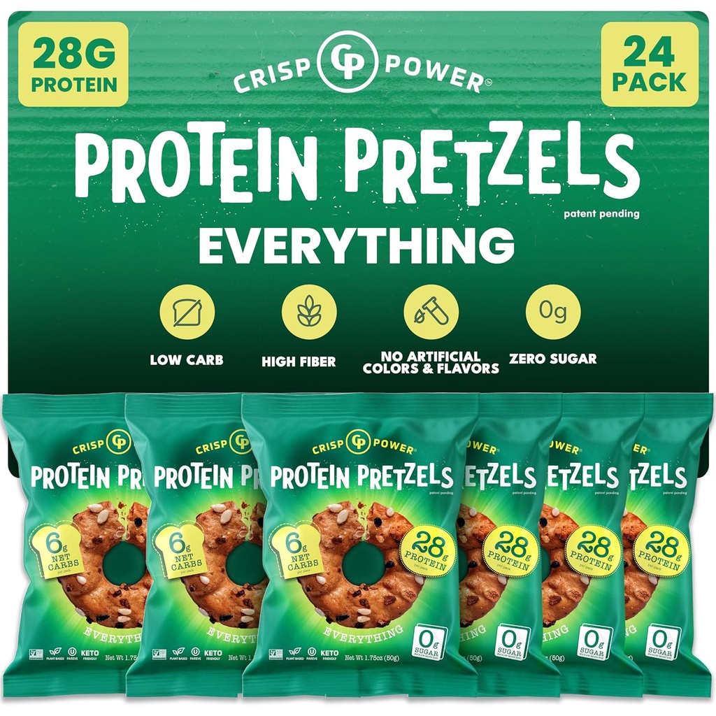 Crisp Power Protein Pretzels, Everything, Protein Vegan Keto Snack, 28 G Plant Based Protein, Low Carb Crunchy Pretzel Snacks, Sugar Free, No Seed Oils, 1.75 oz Bags, 24 Pack