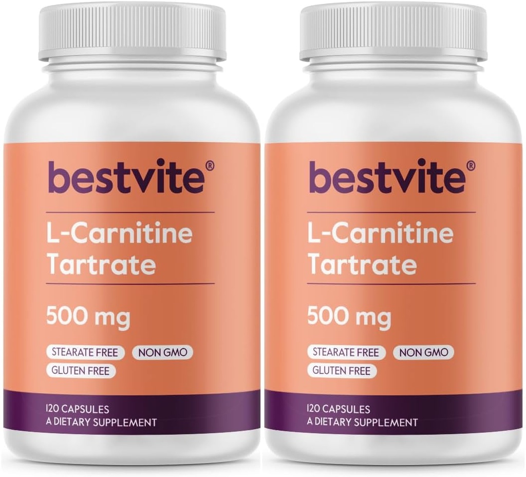 BESTVITE L- Carnitine Tartrat 500mg per Capsule (240 Kapsul) (120x2) - Tidak ada Stearates - Non GMO - Gluten Bebas