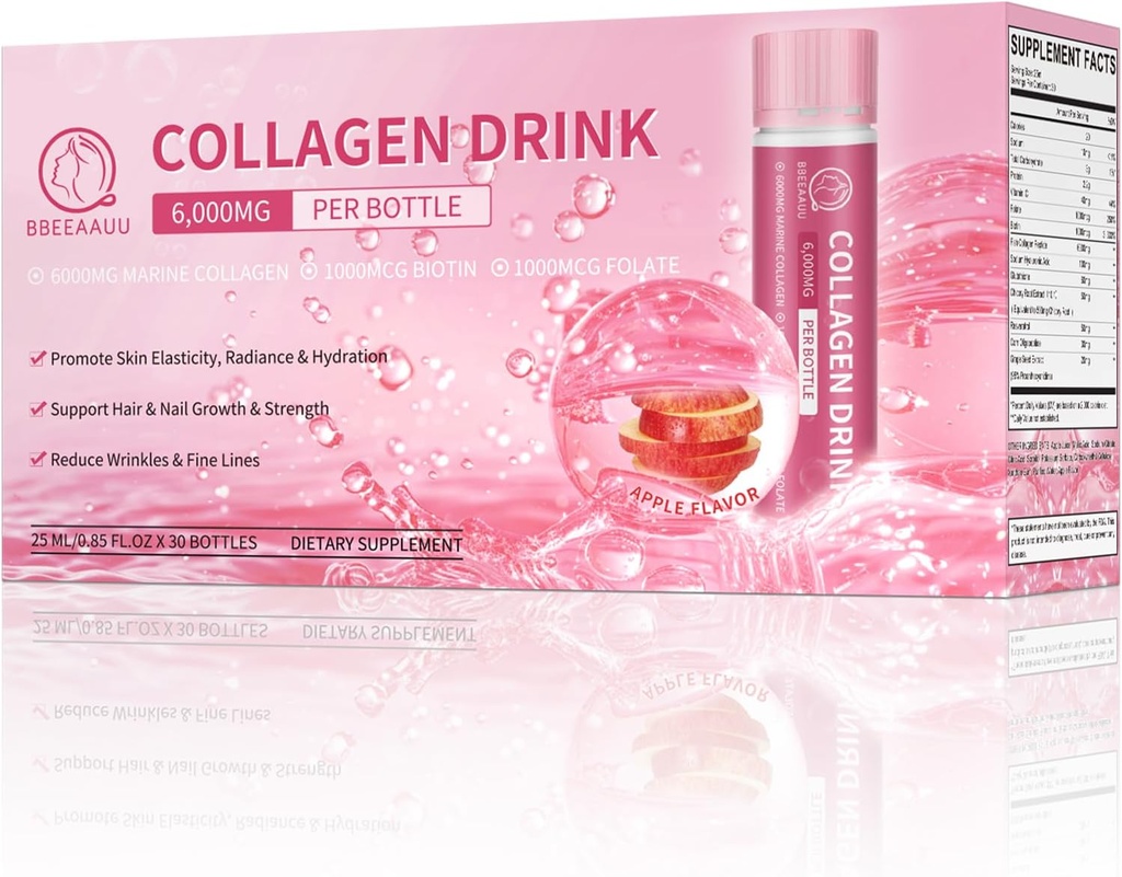 Collagen Drink 6000mg Marine Collagen Peptides, Liquid Collagen Shots for Women with Hyalanic Acid, Vitamin C, Collagen Suplemen Dukungan Skin, Nail, 0.85 Flank x30 Bottle, Apple Flavor