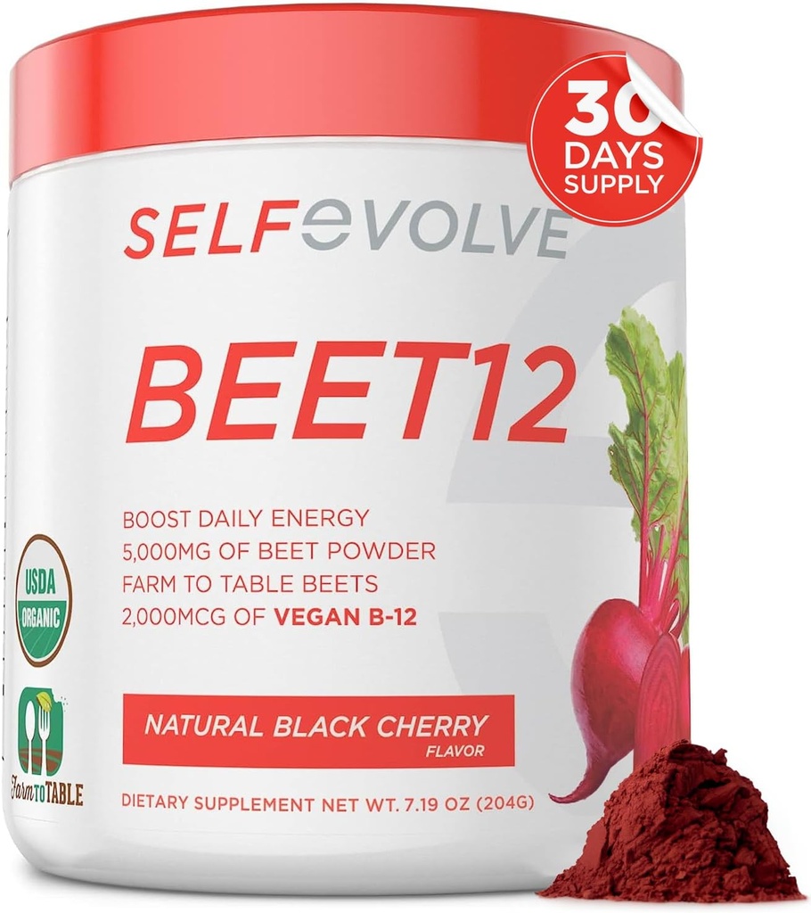 beet12-Organic Beet Root Powder Enhanced with Vitamin B12, Nitric Oxide Booster, Beet Juice Powder Dup Mendukung Energi Alam, Beet Powder dengan Cherry Hitam Flavor, 30 Servis