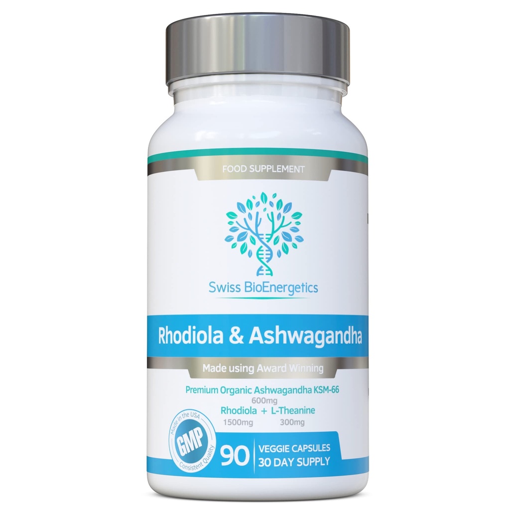 Rhodiola & Ashwagandha dengan L-Theanine - Penghargaan Memenangkan Ashwagandha KSM-66 600mg & 1500mg Rhodiola (3% Rosavins - 1% Salidrososides) seluruh akar ekuivalen - adaptogen combo- Tidak ada isian buatan