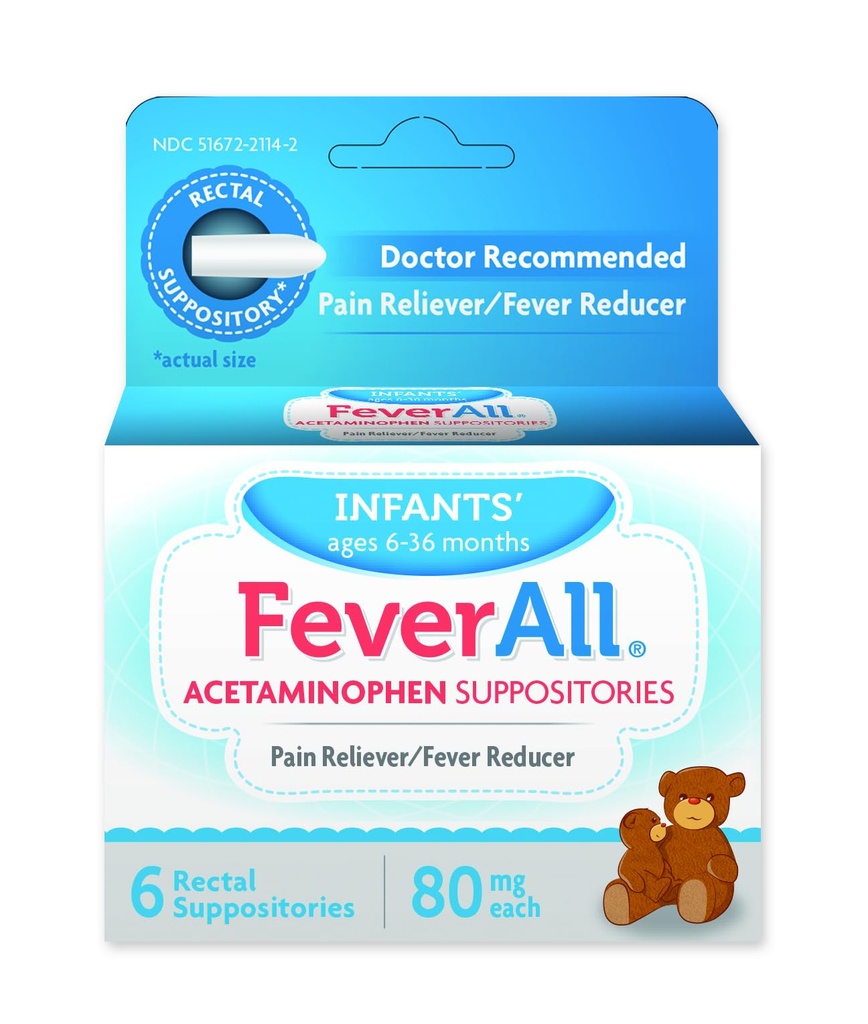 Feverall Infant Acetaminophen Suppotory 6 Rectal Suplotment 80mg Each Pain Reliever / Fever Reducer. Umur 6-36 Bulan