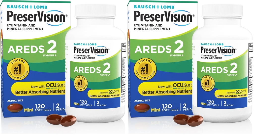 PreserVids AREDS 2 Eye Vitamin & Mineral Suplement, Berisi Lutein, Vitamin C, Alaxanthin, Zinc & Vitamin E, 120 Softgels (Packing May Vary) (Paket 2)