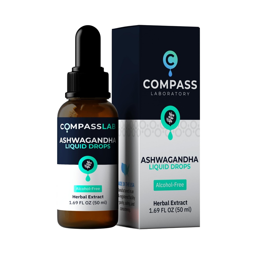 KOMPASS LABORATORI Ashwagandha Liquid Drops - Mood Dukung dan Wellness Supplemen - Natural Cortisol Manager dan Immune Booster - 2 fl oz
