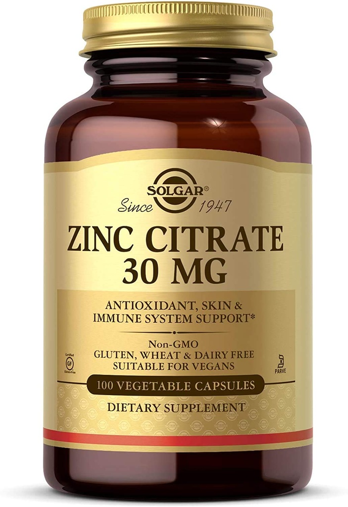 Solgar Zinc Citrate Vegetable Capsules, 100 Count, Non- GMO, Gluten Free, dan Kosher, Menyediakan Kesehatan Sistem Abadi, Sehat Skin dan Mata, Normal Rasa dan Vision