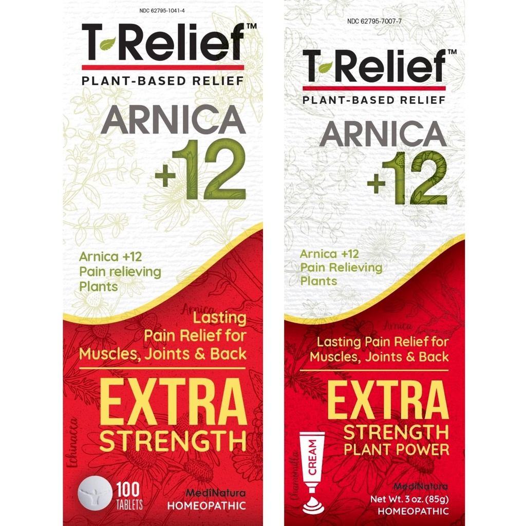Mediterrania T-Relief Ekstra Kekuatan Relief Pain Arnica + 12 Plant-Based Pain Relievers 100ct Tablets Ekstra Relief Pain Relief 3oz Cream Bundle