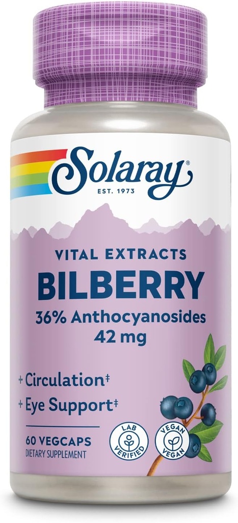 SOLARAY Bilberry Berry Extract 42 mg, Eye Health & Circulation Dukungan, dengan 36% Anthocyyosides, Vegan, 60 VexCaps