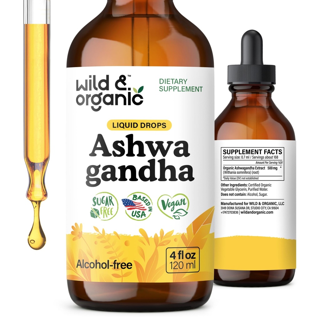 Wild & Organic Ashwagandha Drops - Mood Support w / Ashwagandha Root Extract - Liquid Drops for Calm Mind - Relaxation Suplemen - Sugar & Alcohol- Free - 4 fl oz