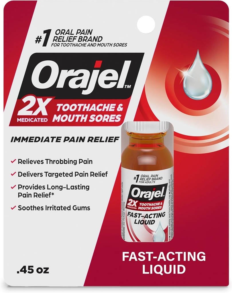 Orajel 2X Diobati Toothache & Mouth Sores Liquid, 0.45 fl oz