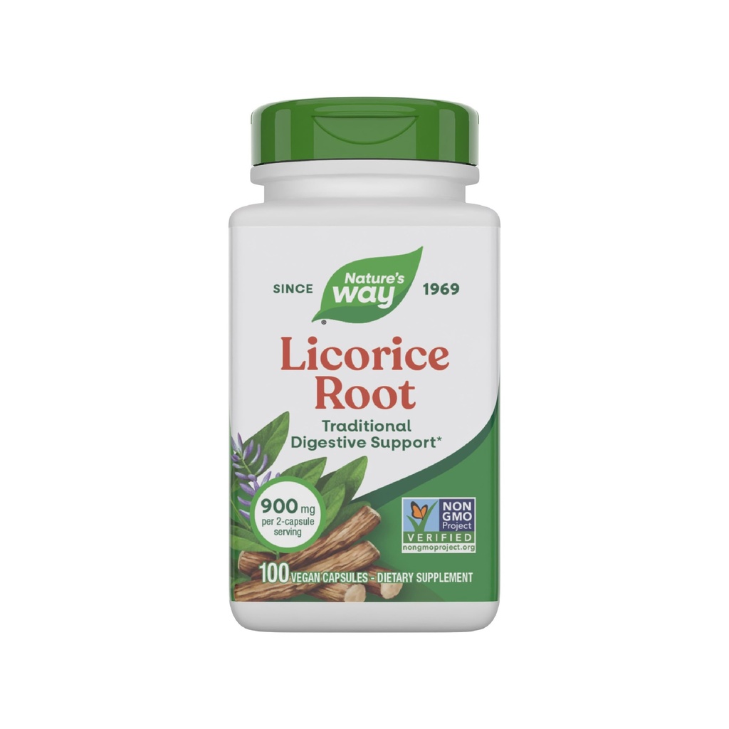 Nature 's Way Licorice Root, Tradisional Digetical Supplement *, 900 mg per 2- Capsule Serving, Non-GMO Project Verified, 100 Vegan Capsules (Packaging May Vary)