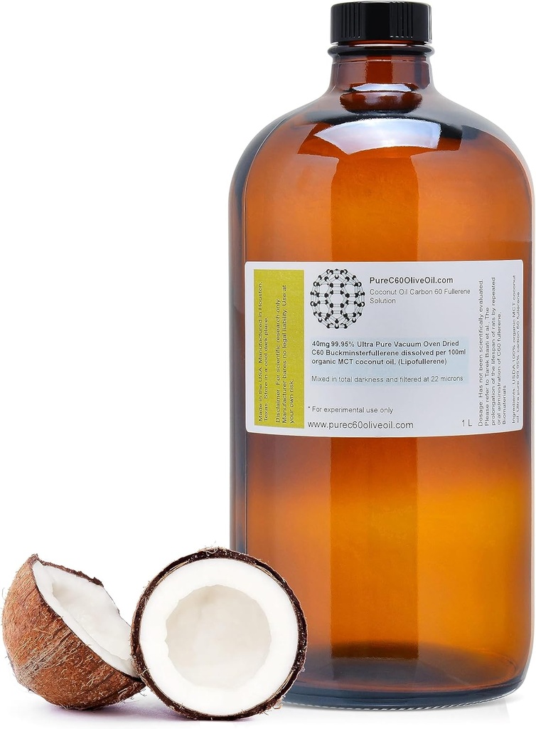 PureC60OliveOil C60 Organic MCT Coconut Oil 1L / 33.8 Fl Oz - 99,95% Karbon Bebas 400mg - Amber Glass Bottle