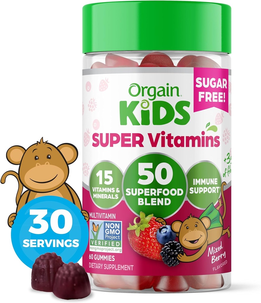 Orgain Kids Sugar Free Multivitamin Gummies, Vegan & Plant Based, 50 Superfood, 15 Vitamin dan Mineral, dukungan kekebalan tubuh dan 3g Fiber, Mixed Berry, Abad 4 +, Persediaan 1 Bulan (60 Gummies)