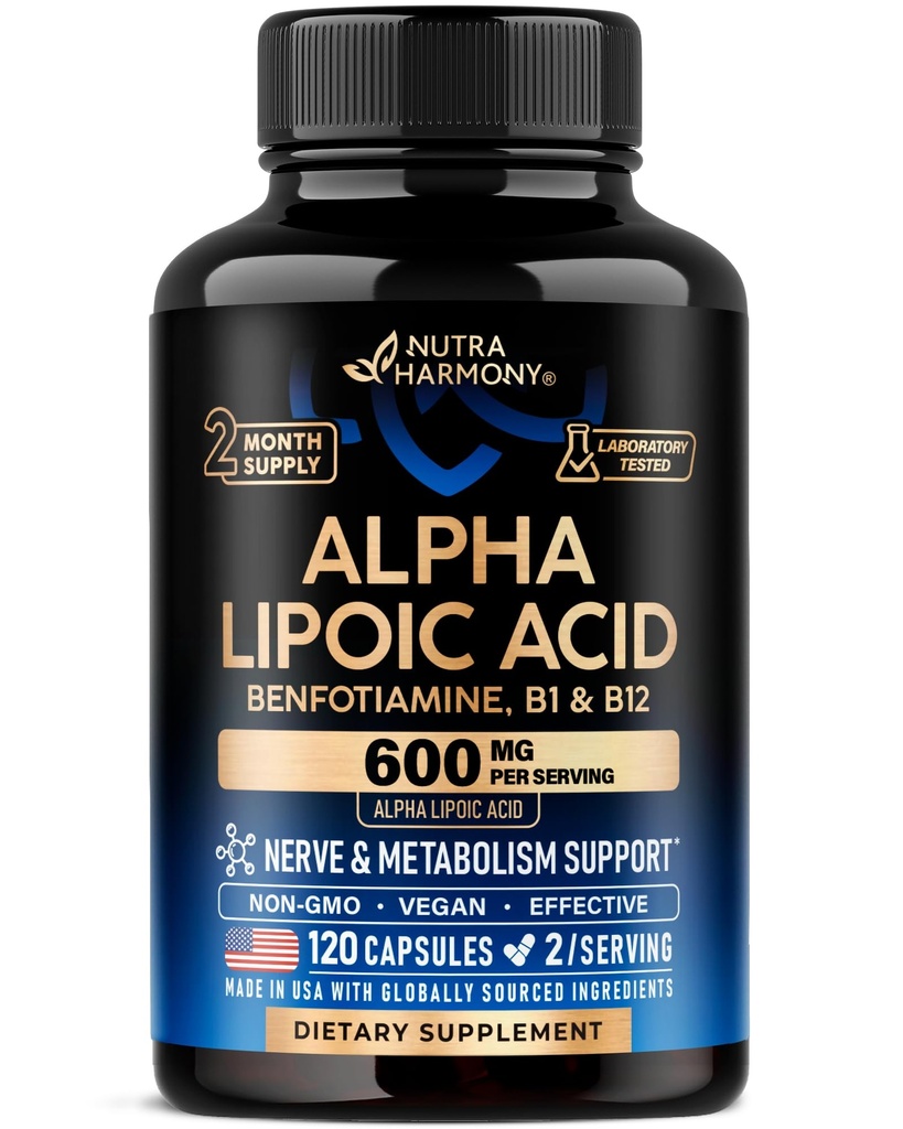 Alpha Lipoic Acid 600mg - ALA Tambahan Antioksidant untuk Nerve, Energi & Metabolisme Dukungan - Ekstra Kekuatan dengan Benfotiamine, B1 & B12 - Lab Test, Non-GMO & Vegan - 120 Capsules, 2 Bulan Supply
