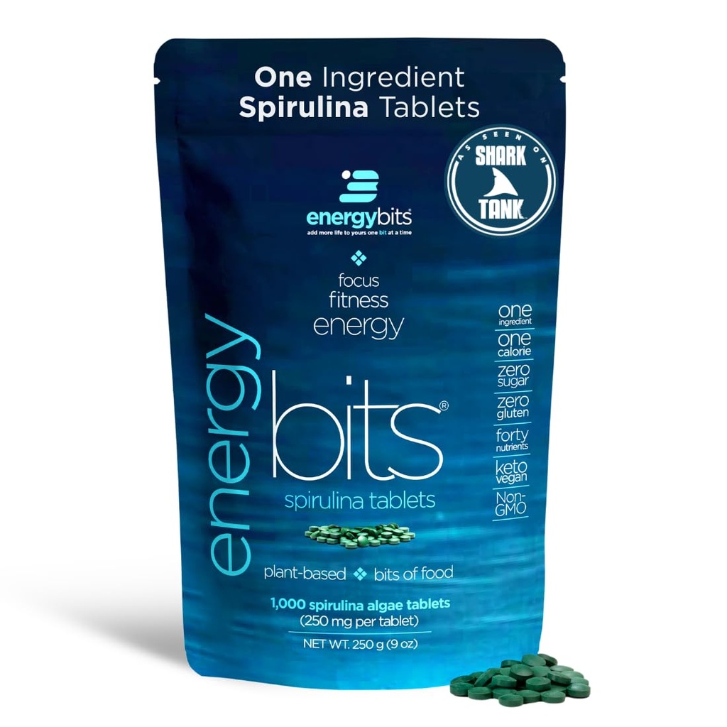 ENERGYBITS - Organic Spirulina Tablet - Plant-Based Alga Superfood - for Focus, Fitness, Energy - Plant Protein - Gluten Free - Collagen, Vitamin B12, Omega 3 - Keto & Vegan - 1000 Algae Tablet