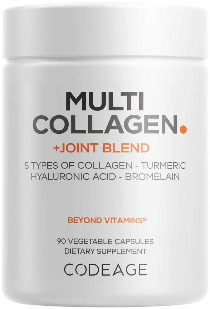 Codeage Multi Collagen Protein + Joint Blend Suplement, Acid Hyaluronic, Bromelain, Turmeriic, Ginger, Boswellia, Astaxanthin - Collagen Hydrolyzed - 5 Collagen Types - NN-GMO - 90 Capsules