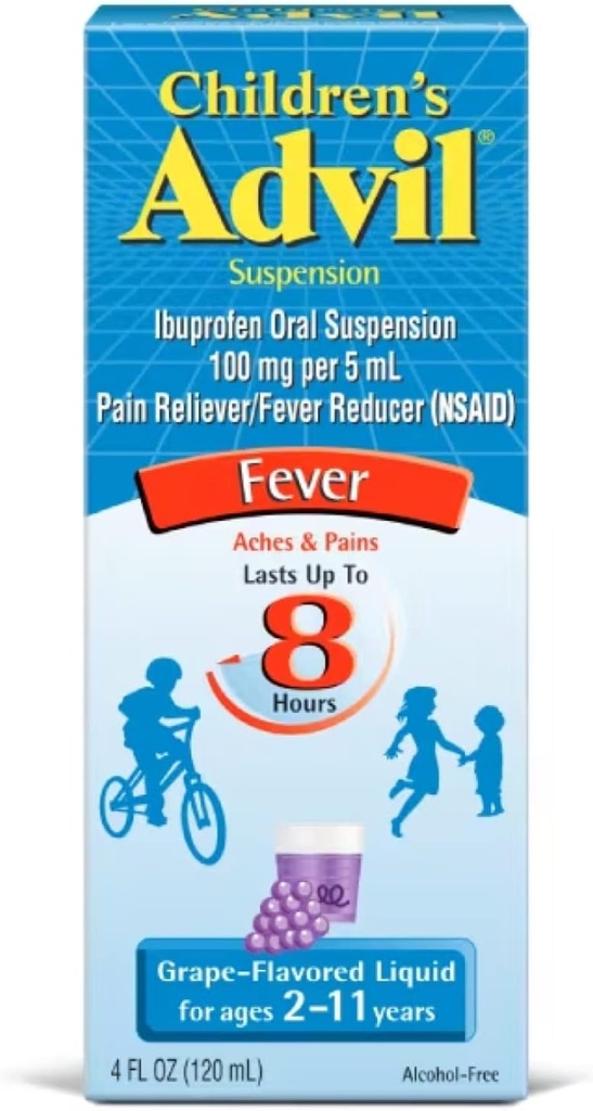 Advil Suspension Anak-anak Ideprofen 100mg Reliever Cepat dan Reducer Demam Terakhir hingga 8 Jam Grape Flavor Liquid untuk Umur 2 sampai 11 Tahun - 3 Paket 4 FL Oz Botol