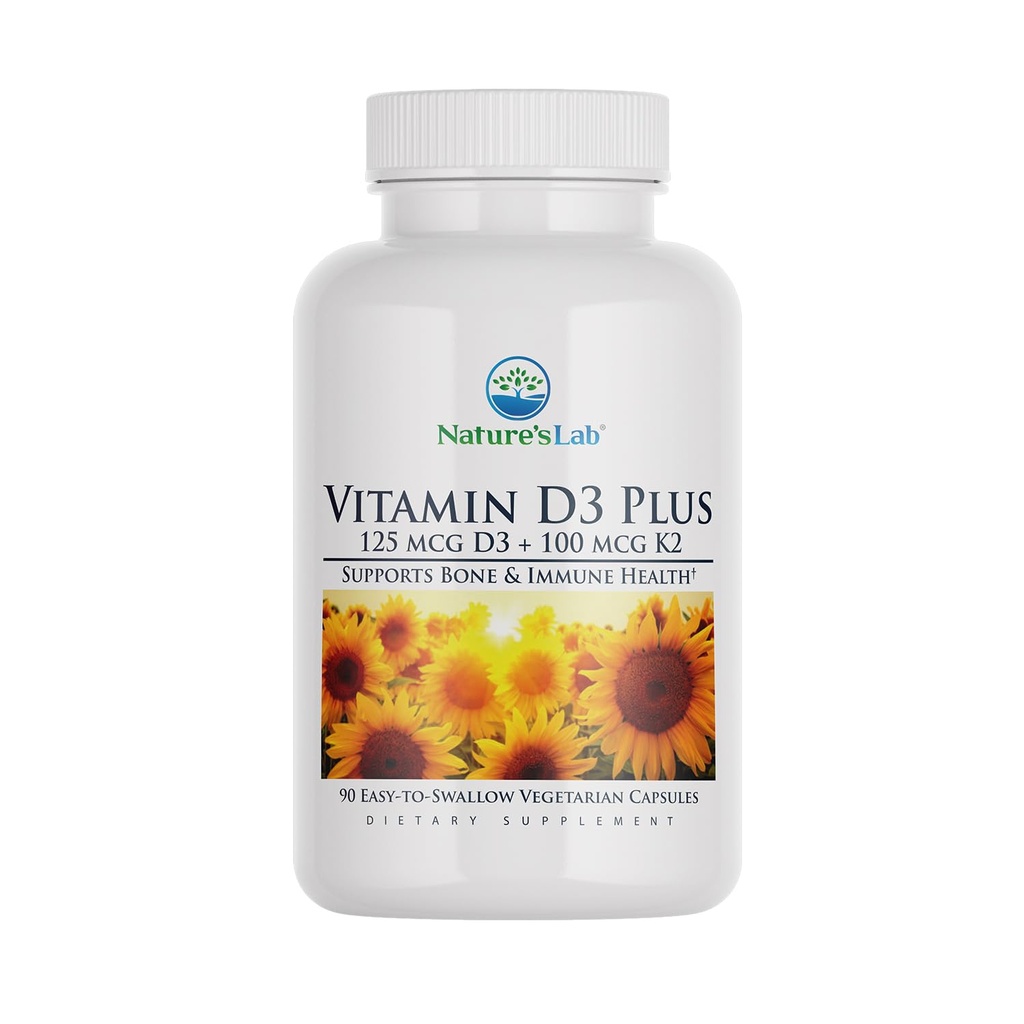 Nature 's Lab Vitamin D3 Plus - Berisi Vitamin D3 dan K2 (MK7) untuk Dukungan Ammune, Heally Bones dan Kesehatan Kardiovaskular * - Gluten Bebas, Non GMO - 90 Kapsul (3 Bulan Supply)