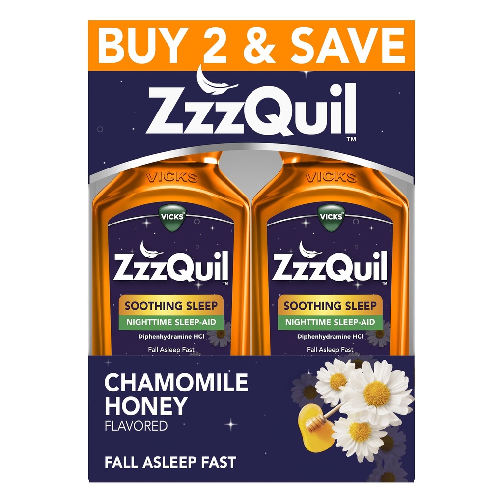 ZzzQuil Cair Limid Aid, Sleep, Diphenhydramine 50mg HCI, Chamomile Honey Flavored, Nighttime Sleep Aid Liquid, Sleep Aids for Dewasa, 2 Pack, 24 FL OZ