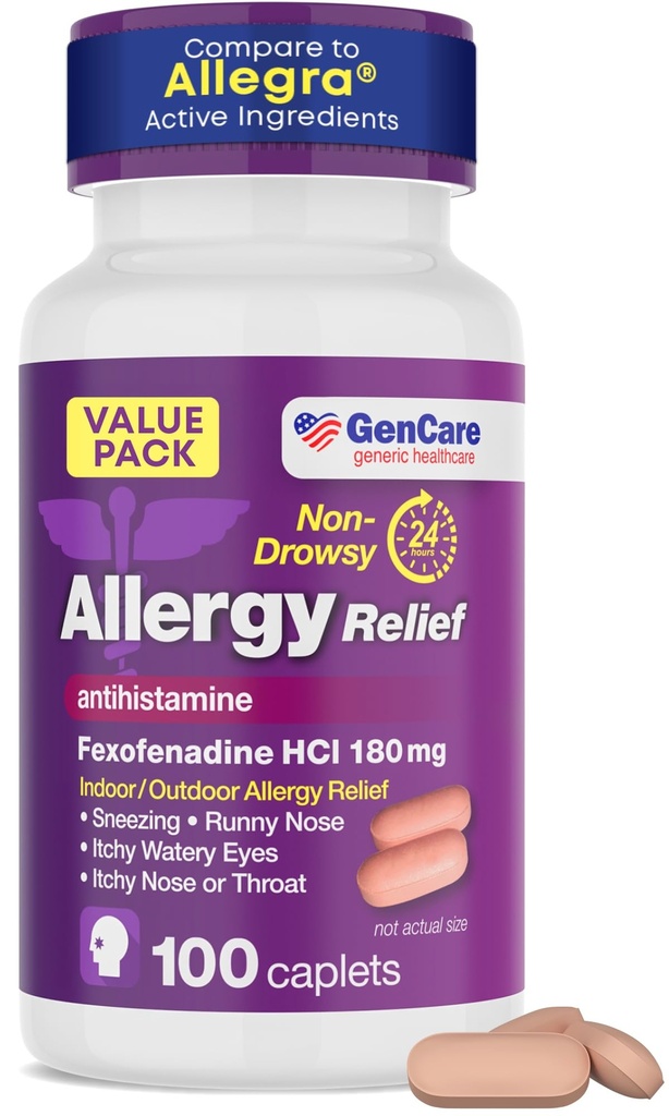 Relief GenCare Allergy Pills - Fexofenadine 180mg 24 Hour Noowsy Algergy Medicine Antihistamine, Banding to Allegra 24 Hour Non Drowsy Pills for Itchy Eyes, Runny Nose, Hives (100 Count)