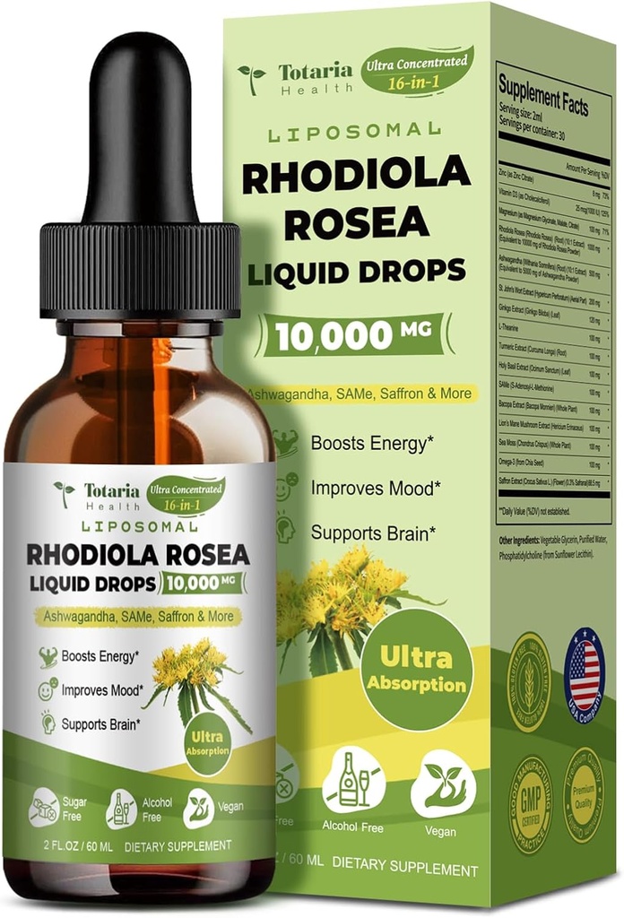 Totaria Lipomal Rhodiola Rosea Pengaruh 16 dalam 1, w / Ashwagandha, L-Theanine, Saffron, Ultra Power Cortisol Suplemen dengan Rhodiola Romea, Magnesium