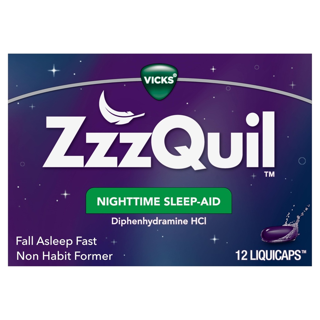 ZzzQuil, Nighttime Sleep Aid Liquics, 25 mg Diphenhydramine HCI, No.1 Sleep-Aid Brand, Non-Habit Forming, Fall Asleep Fast, 12 Count