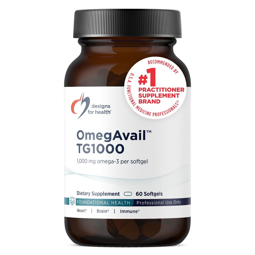 Design for Health Omegavail TG1000 - TG (Trigliseride) Fish Oil Suplement with EPA / DHA - Sangat berkonsentrasi 100mg Omegaga- 3 Per Softgel - Natural Lemon Flavor + No Fishy Aftertaste (60 Softgelels)