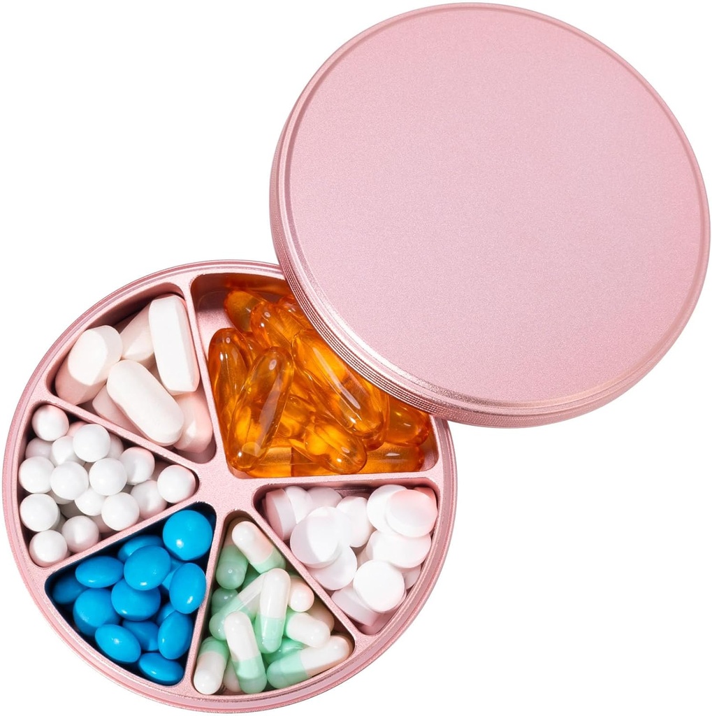 Pill Organizer 6 Kompartemen Pill Dispenser - Heavy Duty Metal Metal Metal Container, Daily Pill Box Pill Hoder, Kasus Obat Obat Persediaan Vitamin, 0.38lb, Pink