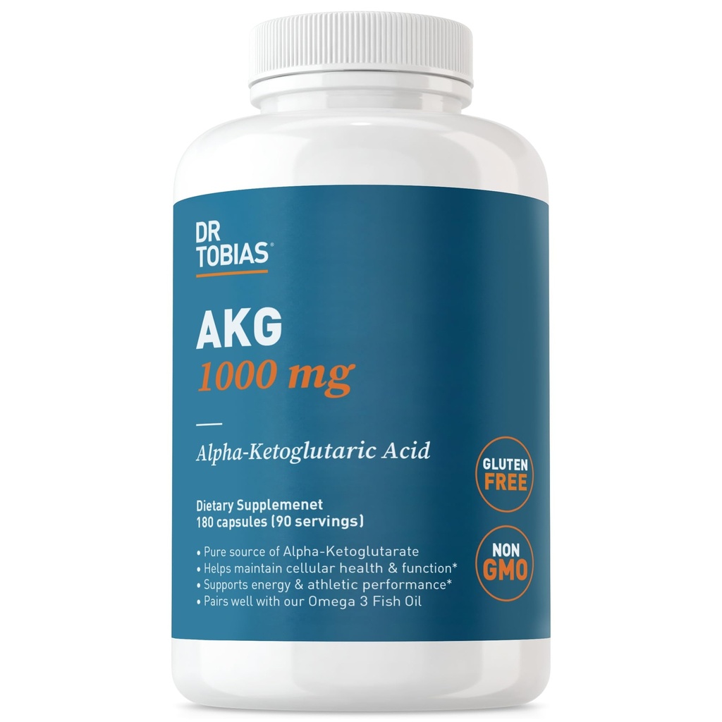 Dr. Tobias AKG Suplemen 1000mg Per Serving, Biovailable Alpha Ketoglutaric Acid, Supports Cellular Energy & Nitric Oxide Flow, Vegan, Gluten- Free, Non-GMO, 180 Capsules, 90 Servings