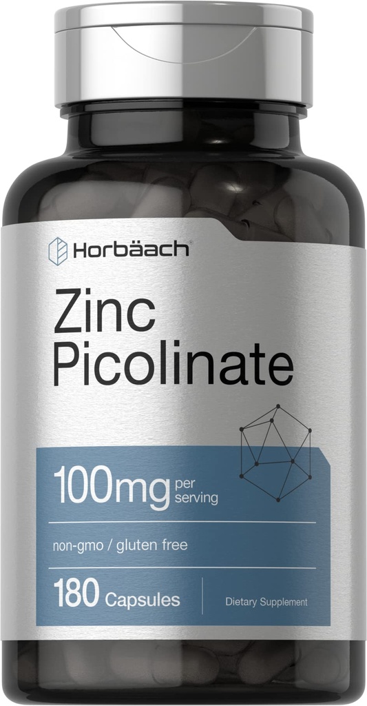 Horbäach Zinc Picolinate 100mg 124; 180 Capsules 124; Potency Tinggi 124; Non-GMO, Gluten Free 124; Penyesuaian Zinc