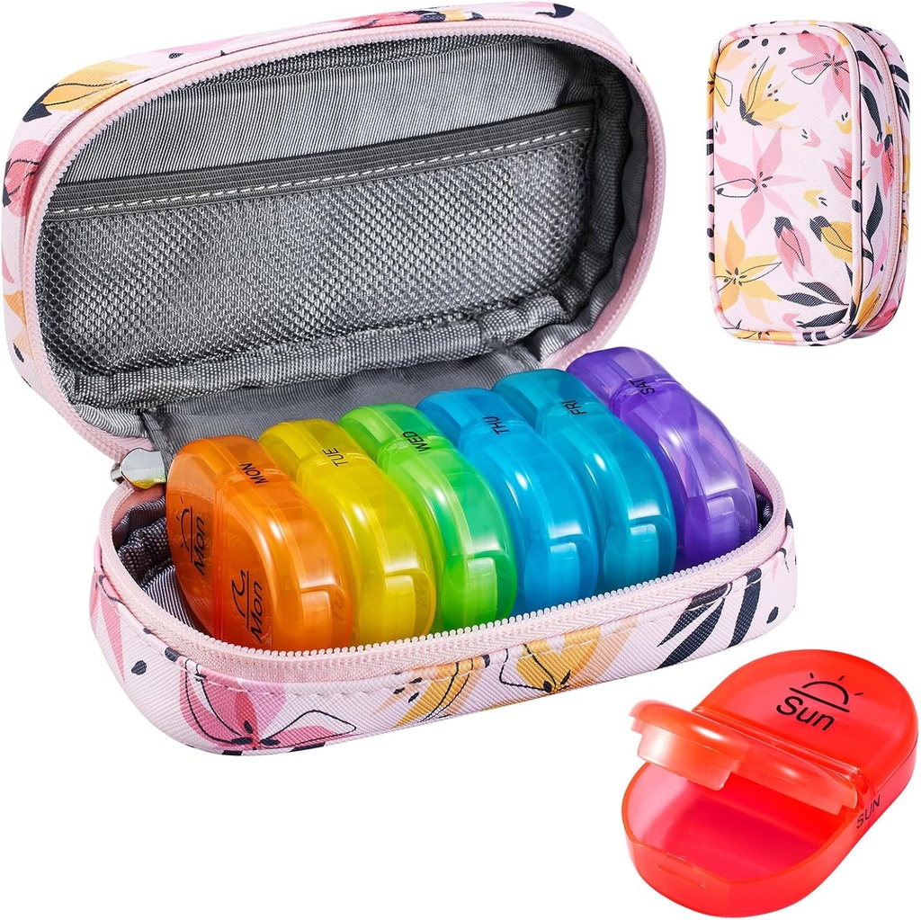 Serfeymi Weekly Travel Pill Organizer 2 Times A Day AM PM Upgraded Rainbow Pill Box 7 Day with Portable Zipper PU Leather Pill Case, Medicine Organizer for Pills, Vitamin, Fish Oils - Pink 03