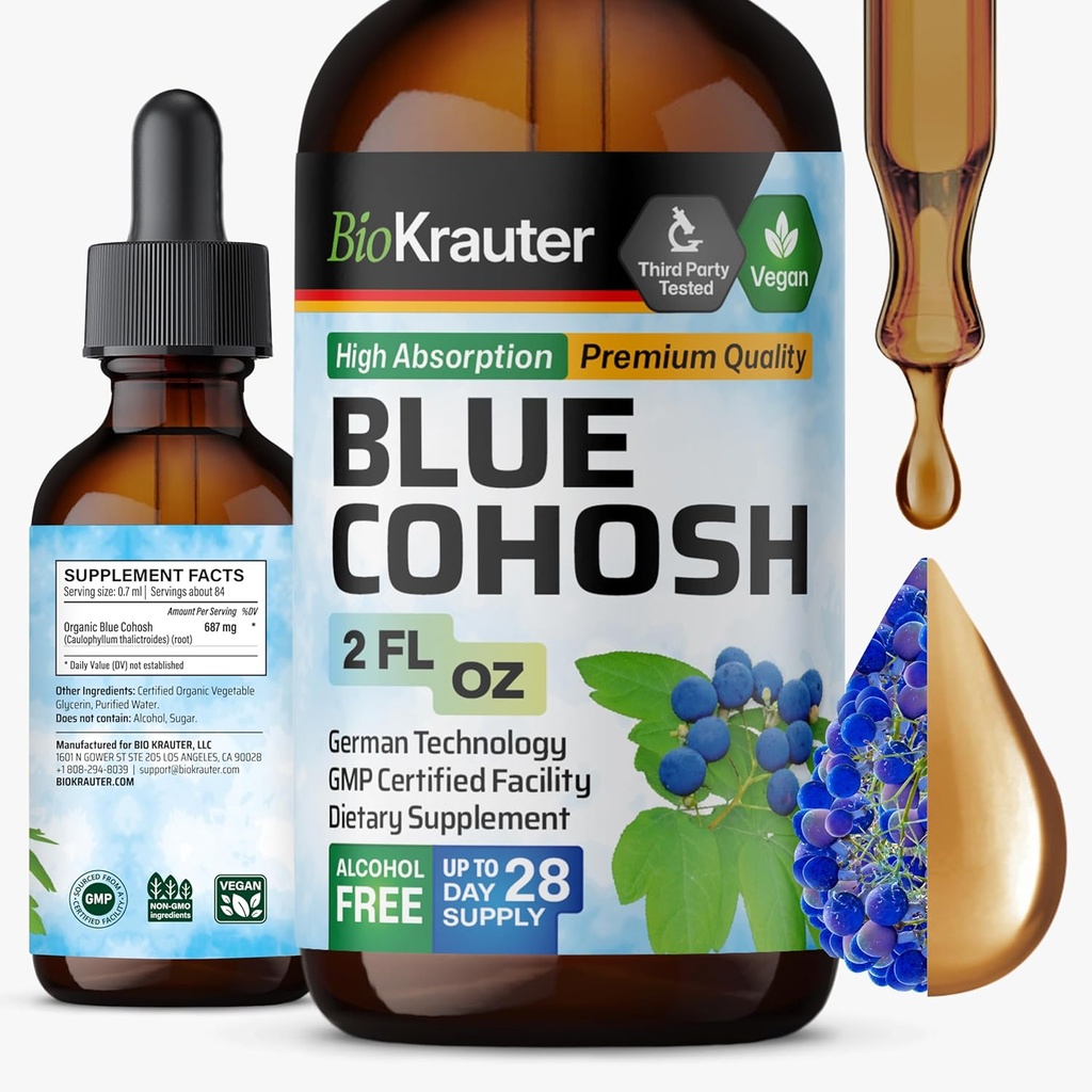 BIO KRAUTER ® Menopause Suplemen untuk Perempuan * - Blue Cohosh Tincture 2 Fl.Oz 28 Days of Supply - Vegan Blue Cohosh Extract for Menopause Dupport - Alkohol & Sugar Free - Relaxation & Women 's Wellness