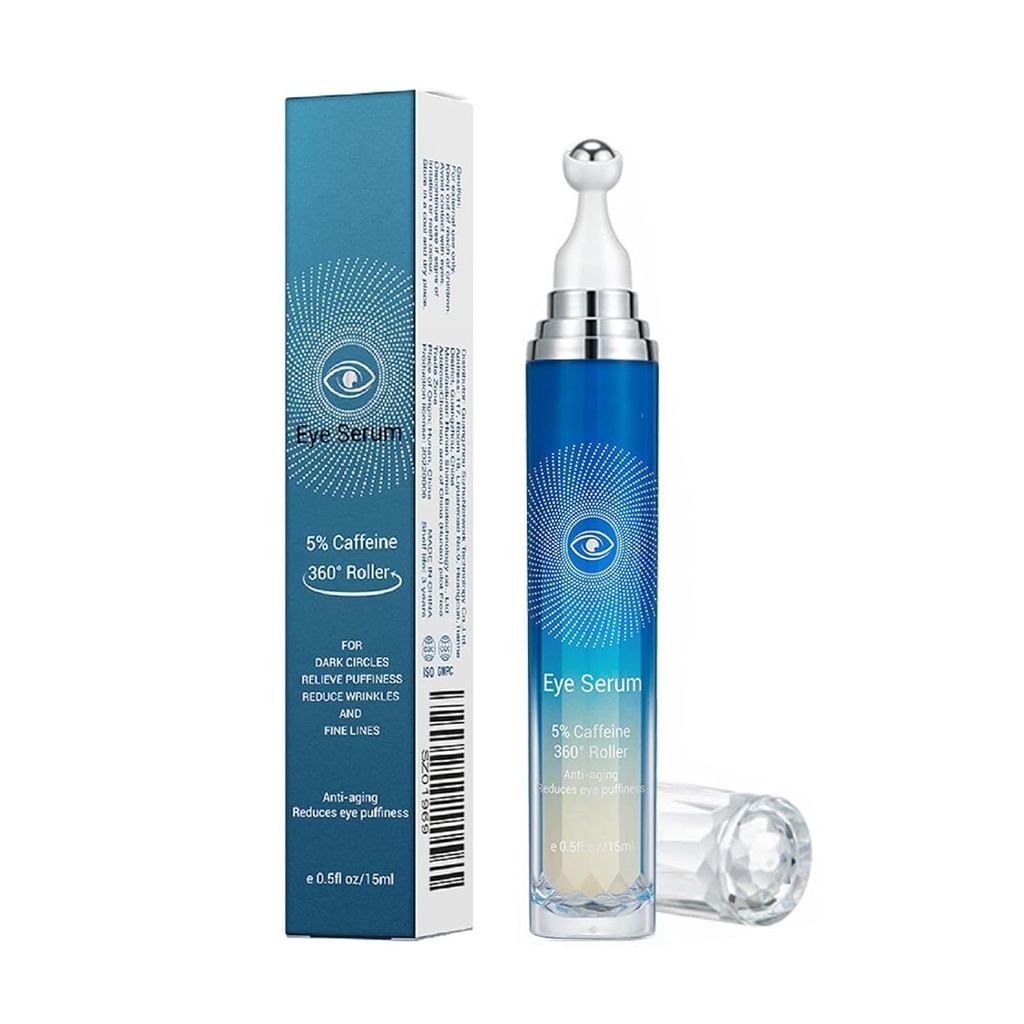 5% Caffeine Eye Serum, Anti- Aging Under Eye Roller Cream for Dark Circles Puffiness Wrinkles and Fine Lines, Korean Eyecare Cream with 360 ° Massage Ball, EyeBags Treatment for Men and Women