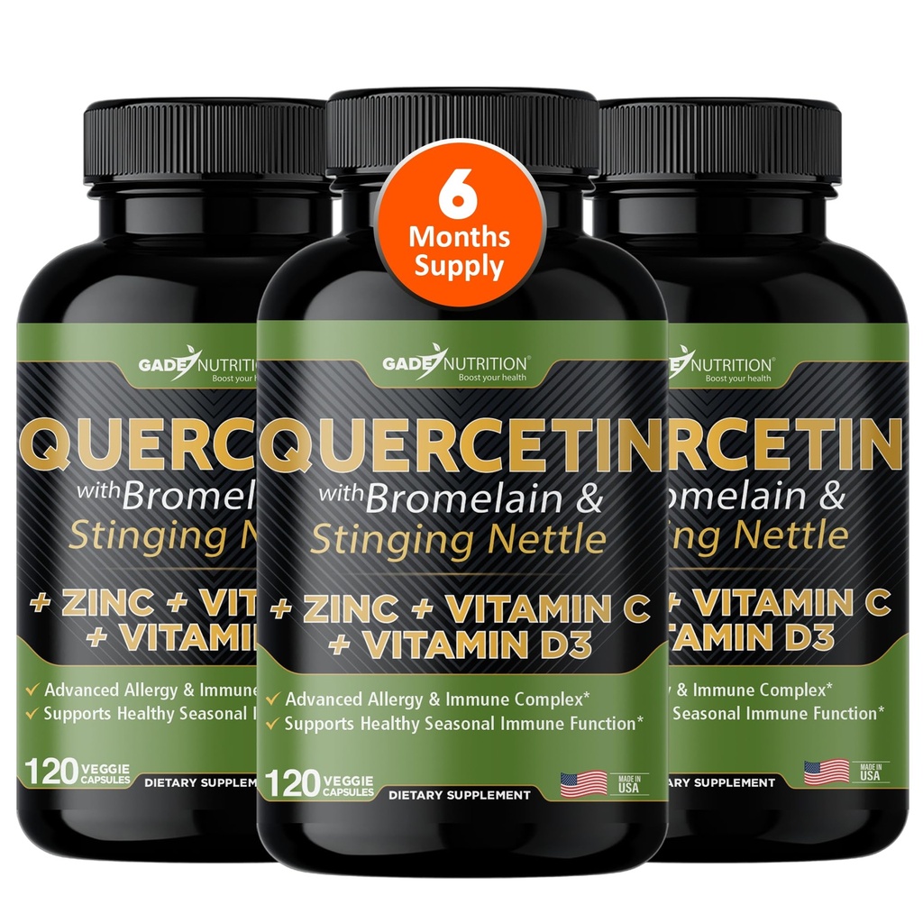 Gade Nutrition Quercetin dengan Vitamin C, Zinc & Stinging Nettle - Nettle Quercetin - Quercetin 500mg - Quercetin dengan Bromelain - Zinc Quercetin + Vitamin D3- 360 Vevgie Caps - 6 Bulan Supply