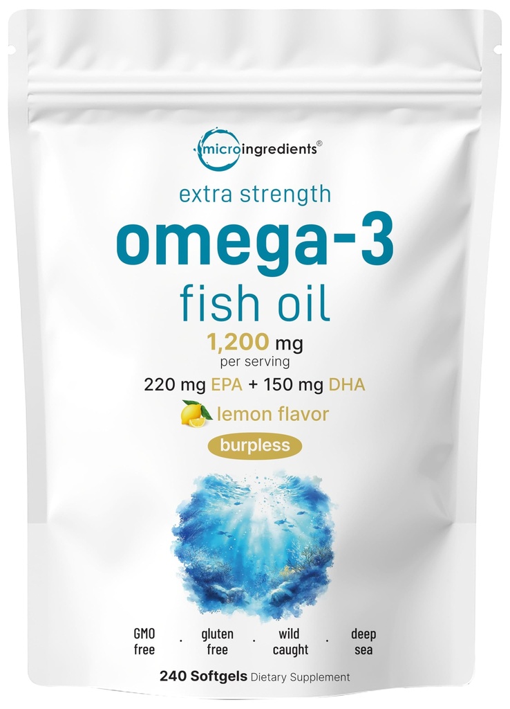 Micro Ingreations Extra Energy Omega 3 Fish Oil Suplemen 1.200 mg Per Serving, 240 Softgels 124; Lemon Flavored 124; Burpless 124; Escheon Acids 124; EPA 220mg + DHA 150mg