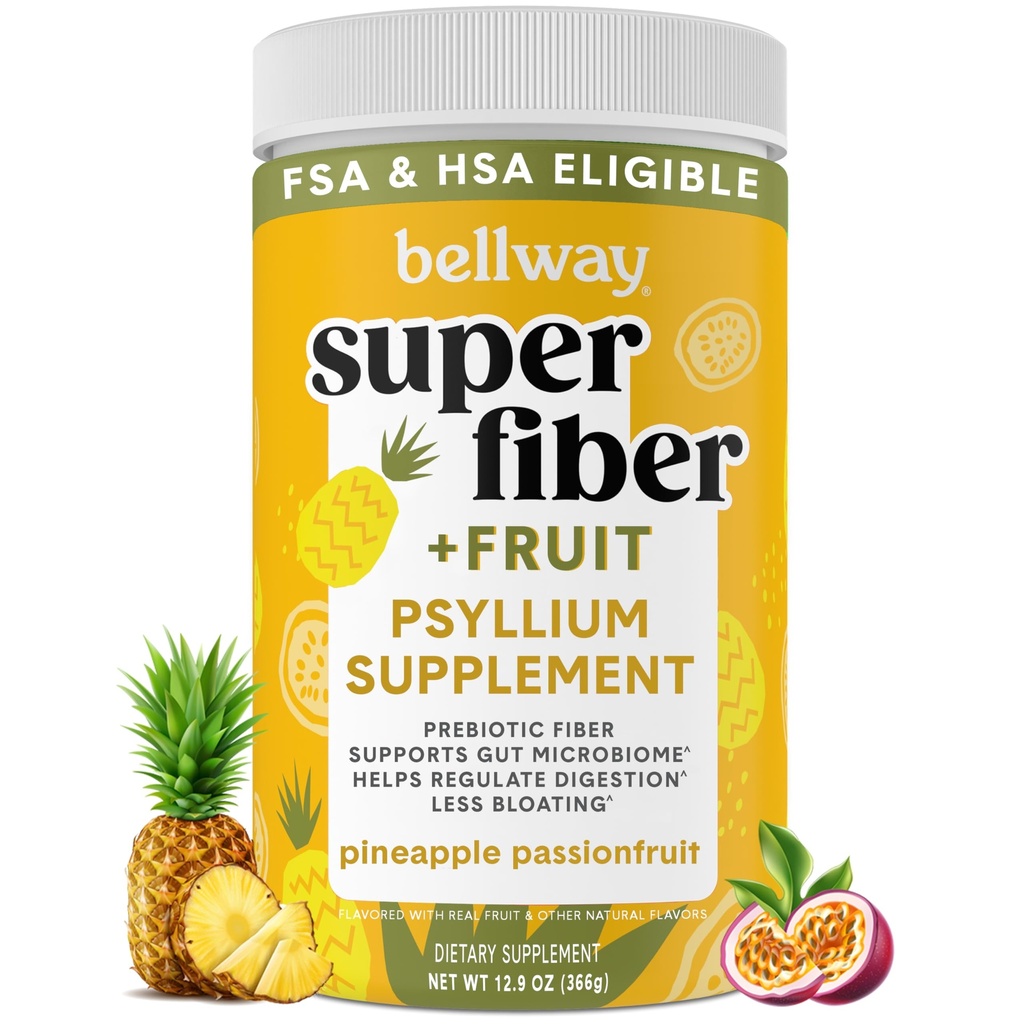 Bellway Super Fiber Powder + Fruit, Sugar Free Organic Psyllium Husk Powder Suplement for Regularitas, Bloating Relief & Digetical Health, Plant - Based, Pineapple Passion Fruit (50 Servings)