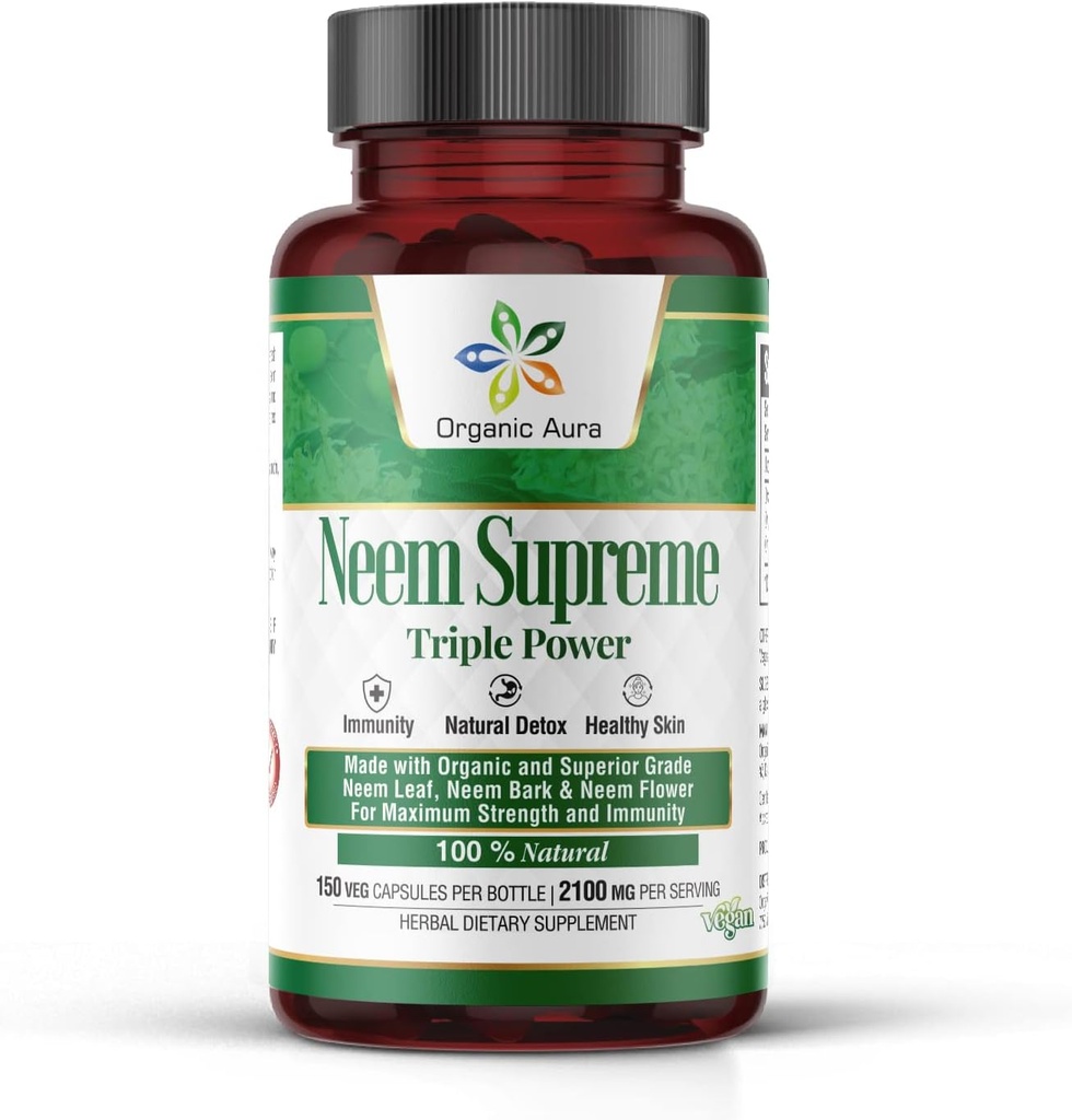 Organik Aura Neem Supreme Capsules. 150 Veg Capsules. Triple Complex - Max Power Pure Highness Azadirachta Indica Capsule. Antioksidan Alam, Kesehatan Kulit, Dukungan Kebal Abundant.